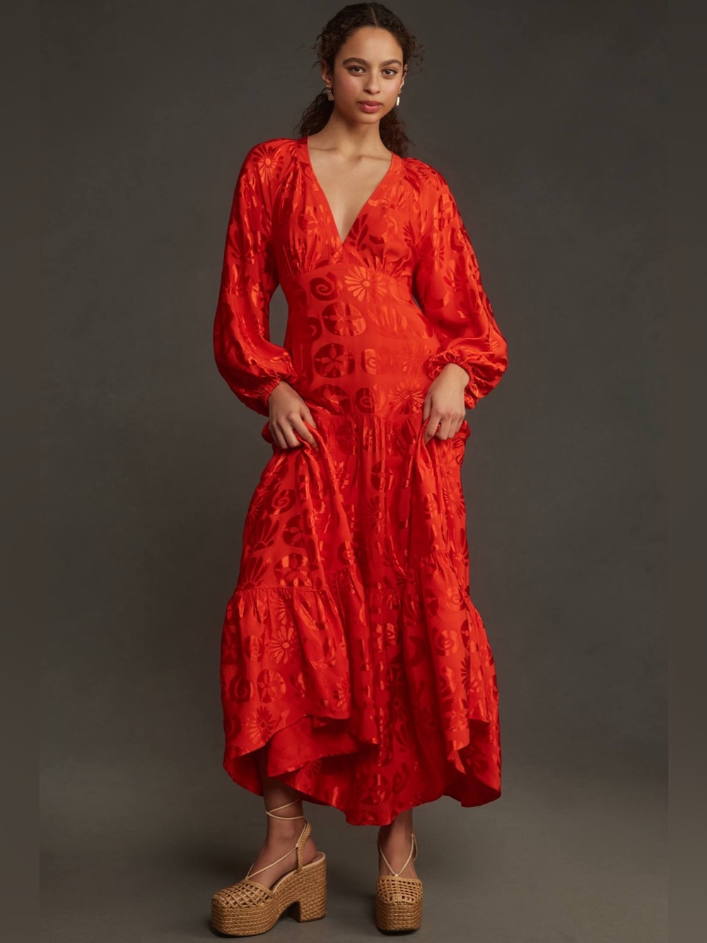 Farm Rio Long-Sleeve V-Neck Jacquard Maxi Dress